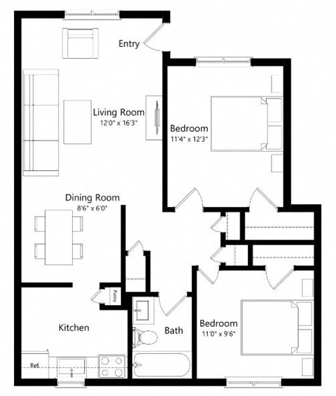 Floor plan for 2 beds, 1 bath, 760 sqft